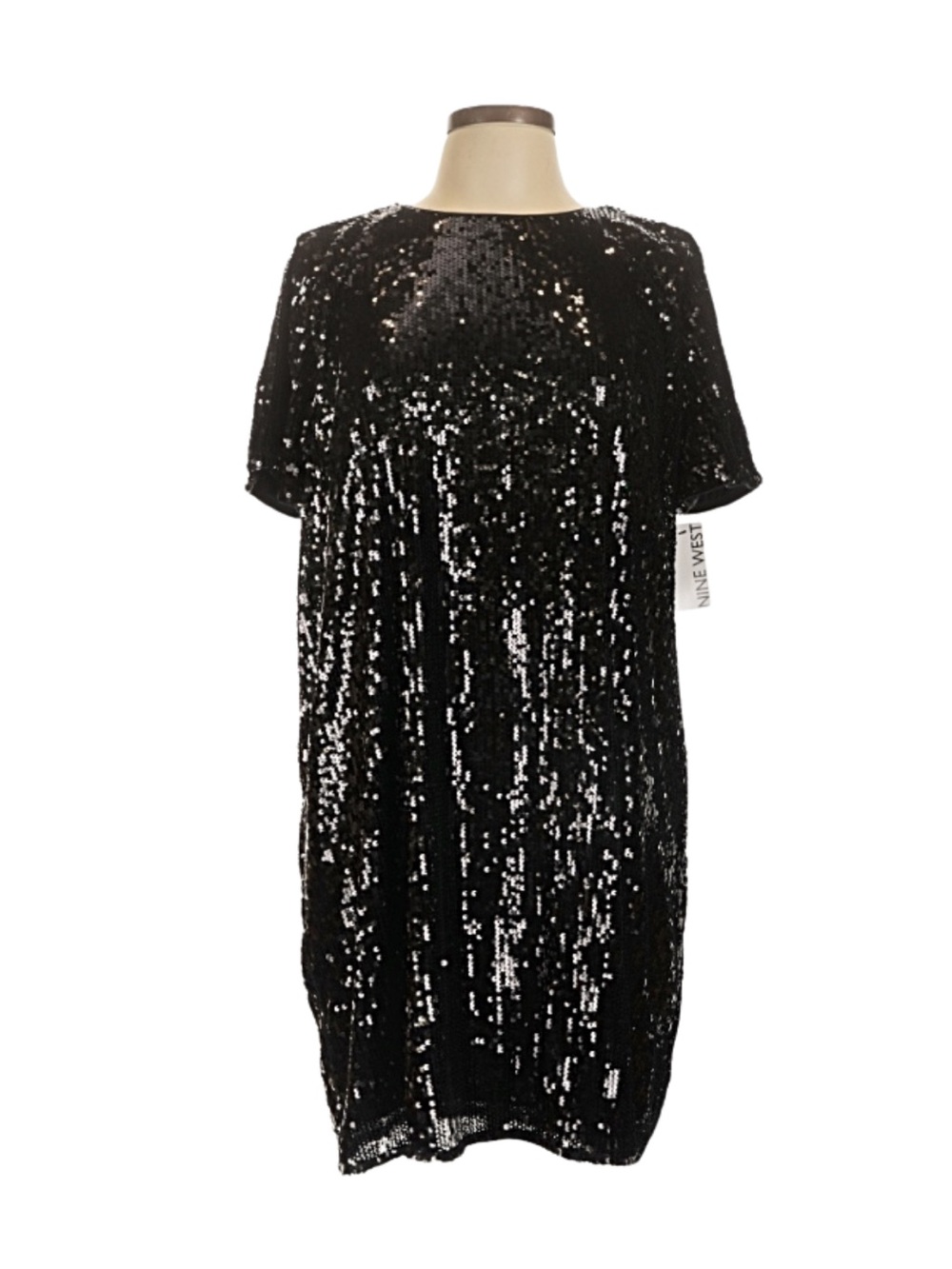Nine West Black Sequin Short Sleeve Dress Cocktail New Years Eve Sparkly Luxe